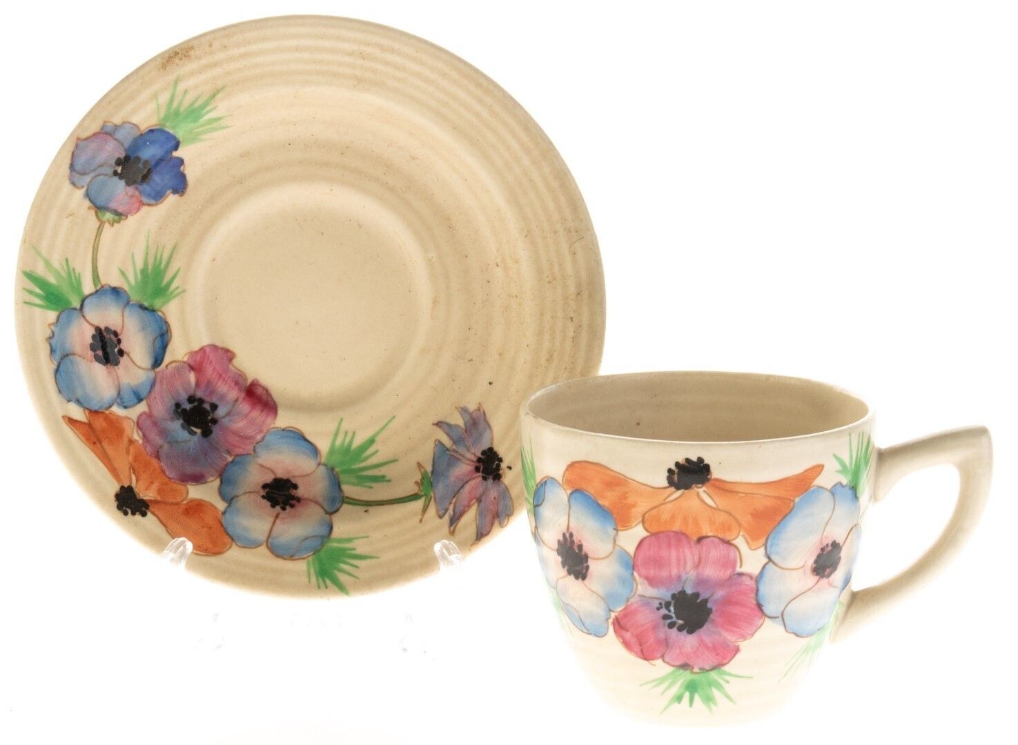Art Deco Clarice Cliff Hand Painted Crocus Pattern Ceramic Pottery Teacup And Saucer