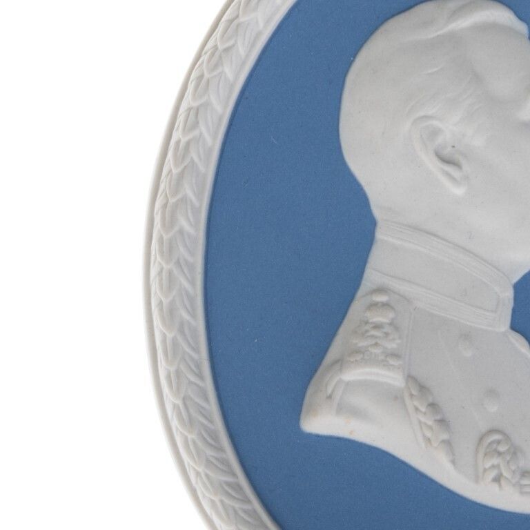 Wedgwood Blue Jasperware Ceramic Porcelain Earl Mountbatten Of Burma Portrait Medallion Laurel Leaf Plaque photo for sale