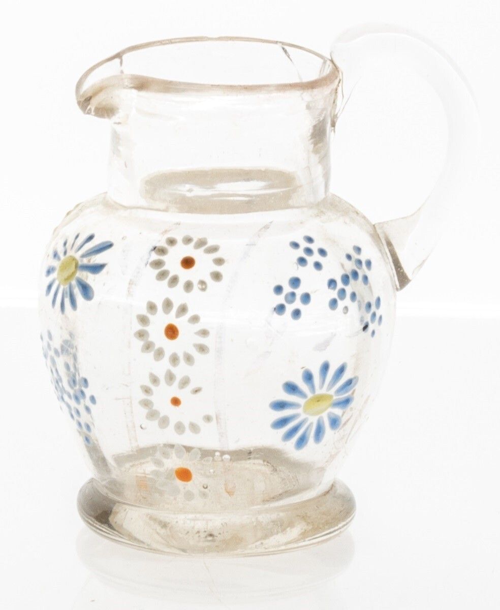 Antique Enamel Painted Hand Blown Glass Floral Creamer Jug 19th Century