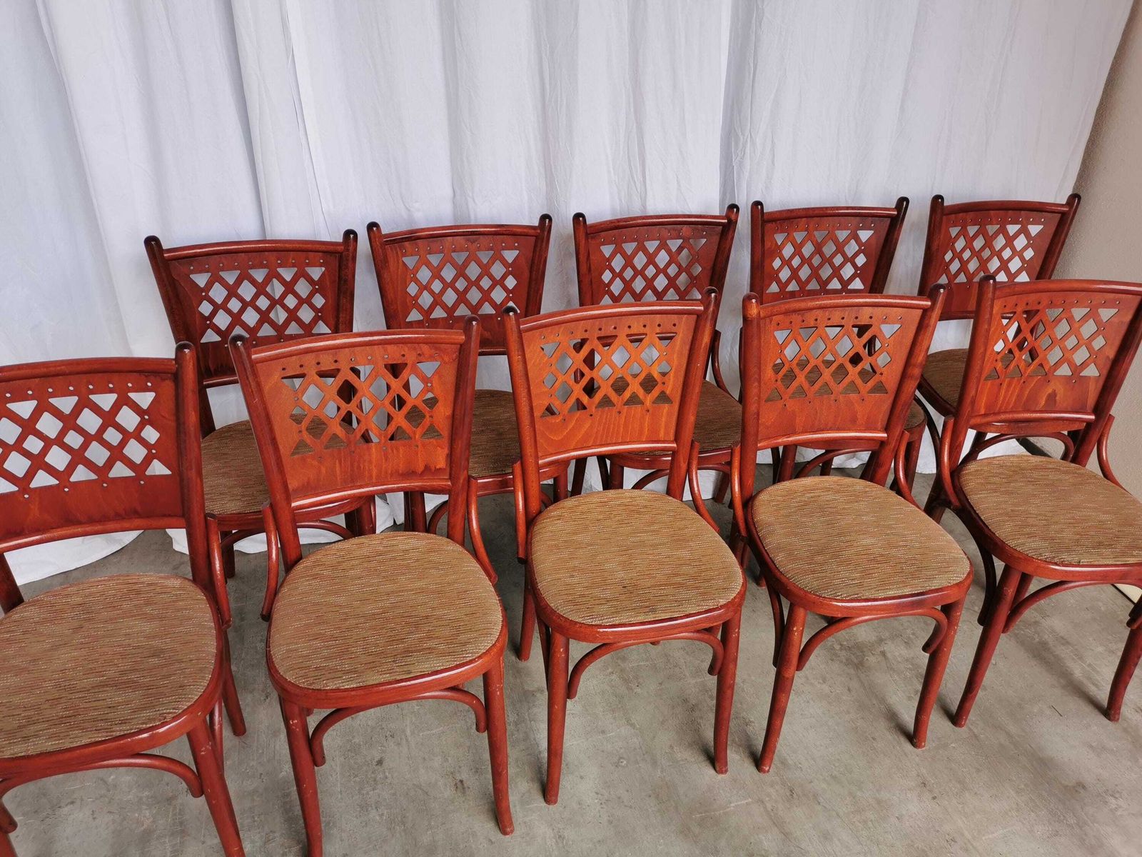 1 Of 14 Vintage Dining Chairs With Perforated Backrest In Reddish Brown With Brown Fabric Seat / 1980s Italy / Italian Bistro Bar Dine Chair photo furniture