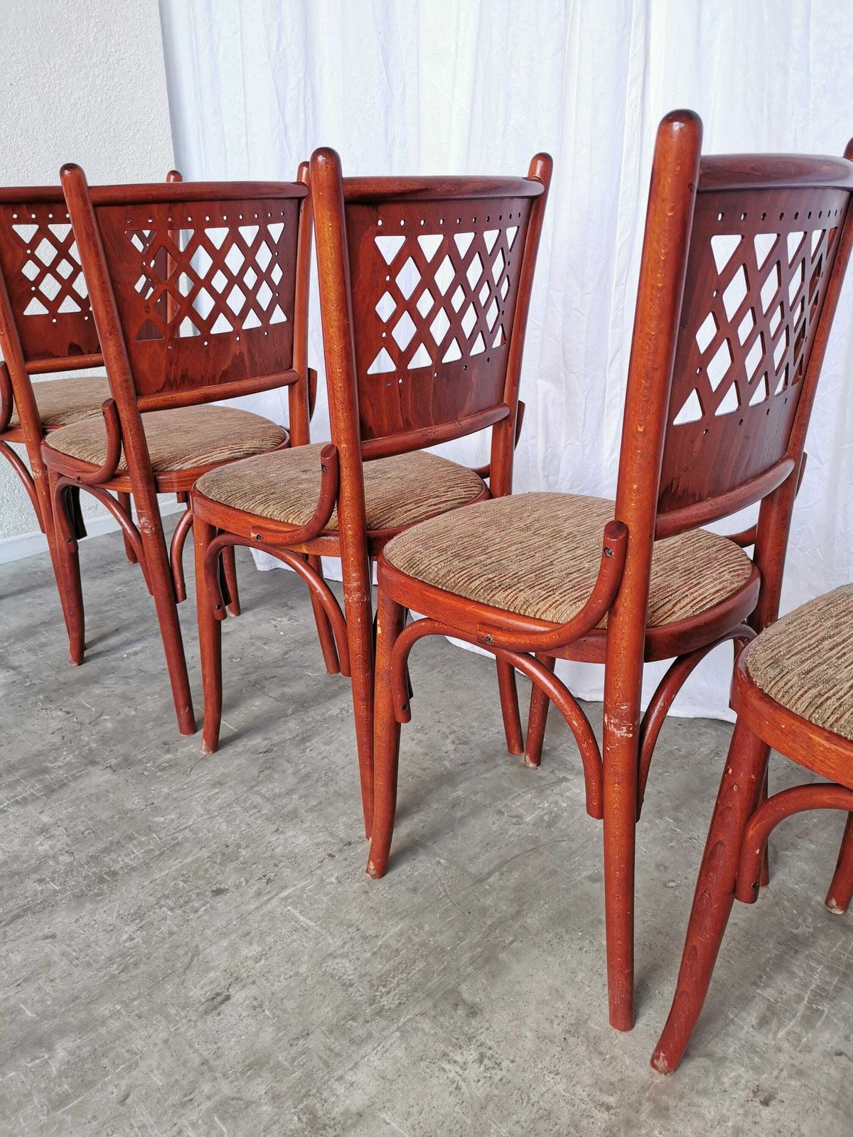 photo for sale 1 Of 14 Vintage Dining Chairs With Perforated Backrest In Reddish Brown With Brown Fabric Seat / 1980s Italy / Italian Bistro Bar Dine Chair
