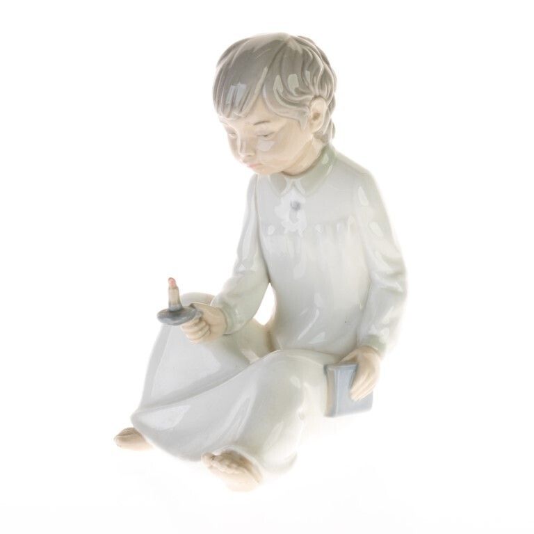 Spanish Fine Porcelain Sculpture Of A Boy With Candle In The Style Of Lladro