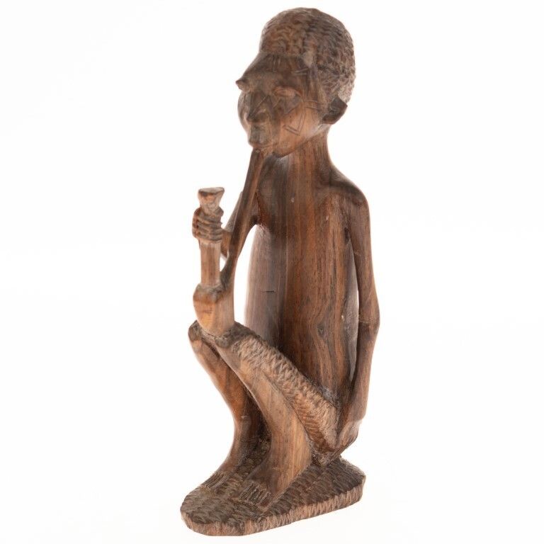 African Wood Carving Pipe Smoking Ancestor Figure, Luba, Congo