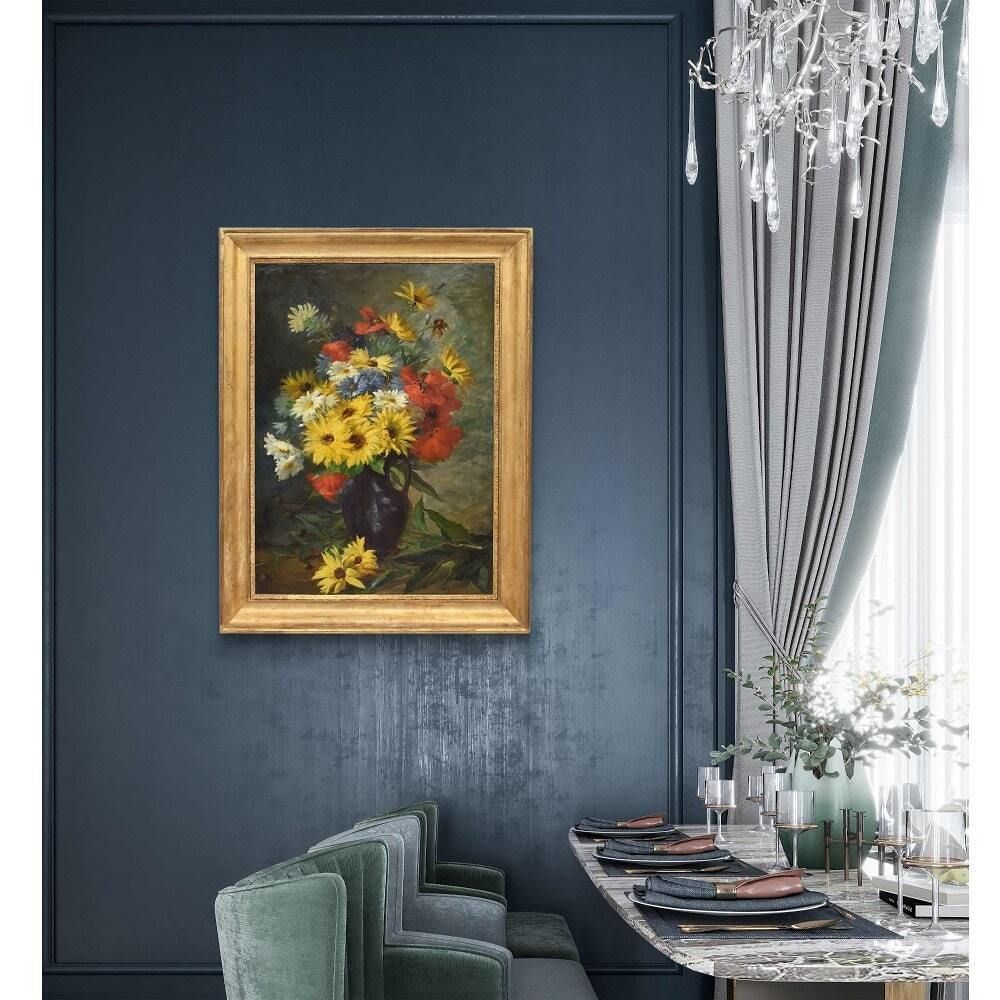 Antique Flower Painting, Daisies And Poppies Flowers, Oil On Canvas, Late 19th Century photo furniture