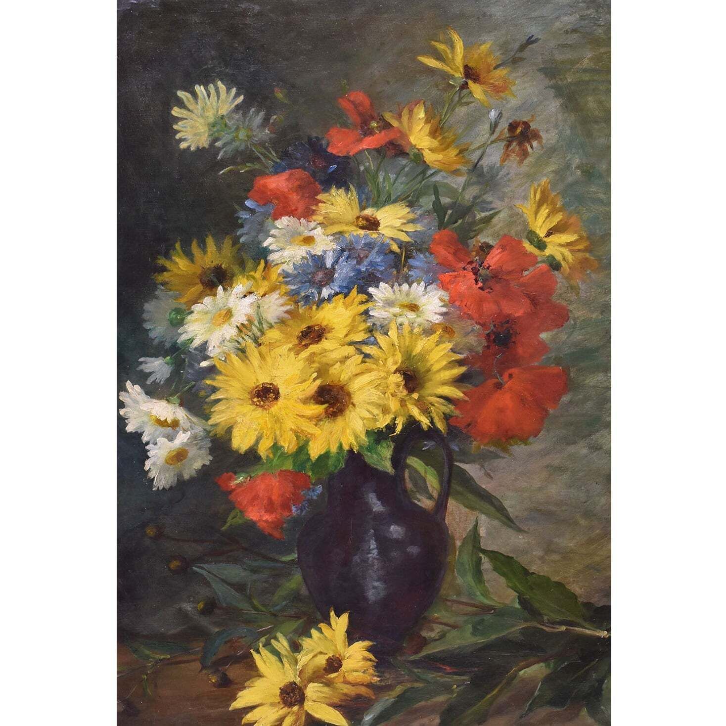 Antique Flower Painting, Daisies And Poppies Flowers, Oil On Canvas, Late 19th Century photo for sale