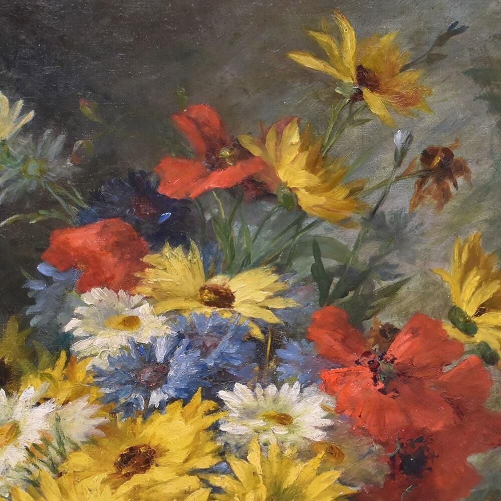 Antique Flower Painting, Daisies And Poppies Flowers, Oil On Canvas, Late 19th Century photo Art