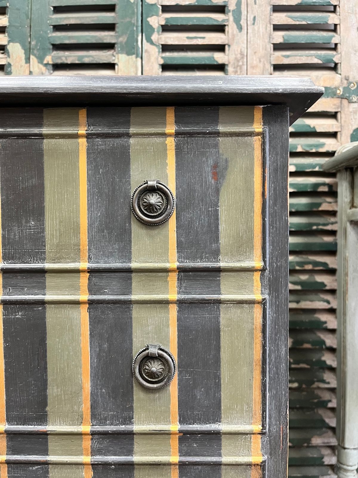 Hand Painted And Aged Graphite, Olive And Gold Striped Bedside Cabinet photo vinterior