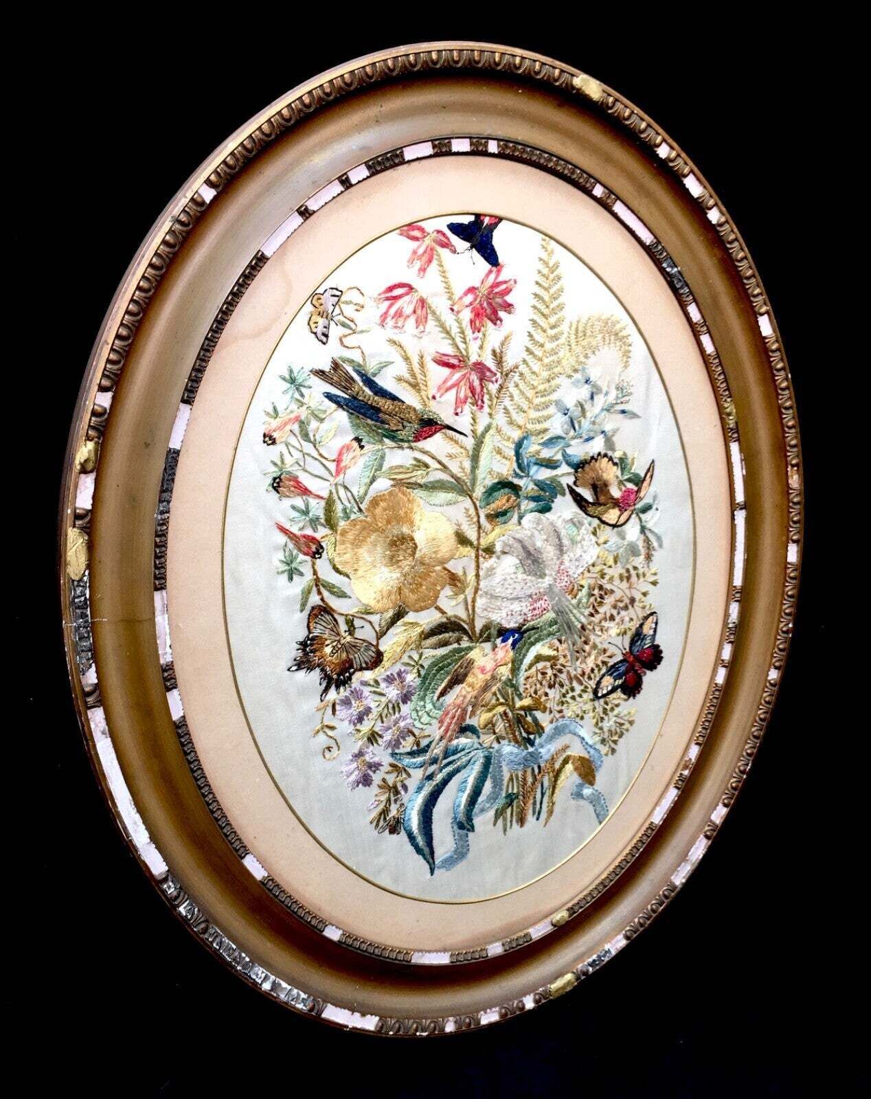 Antique Framed Silk Embroidered Picture Floral Design Wall Hanging / Vintage photo 99.0