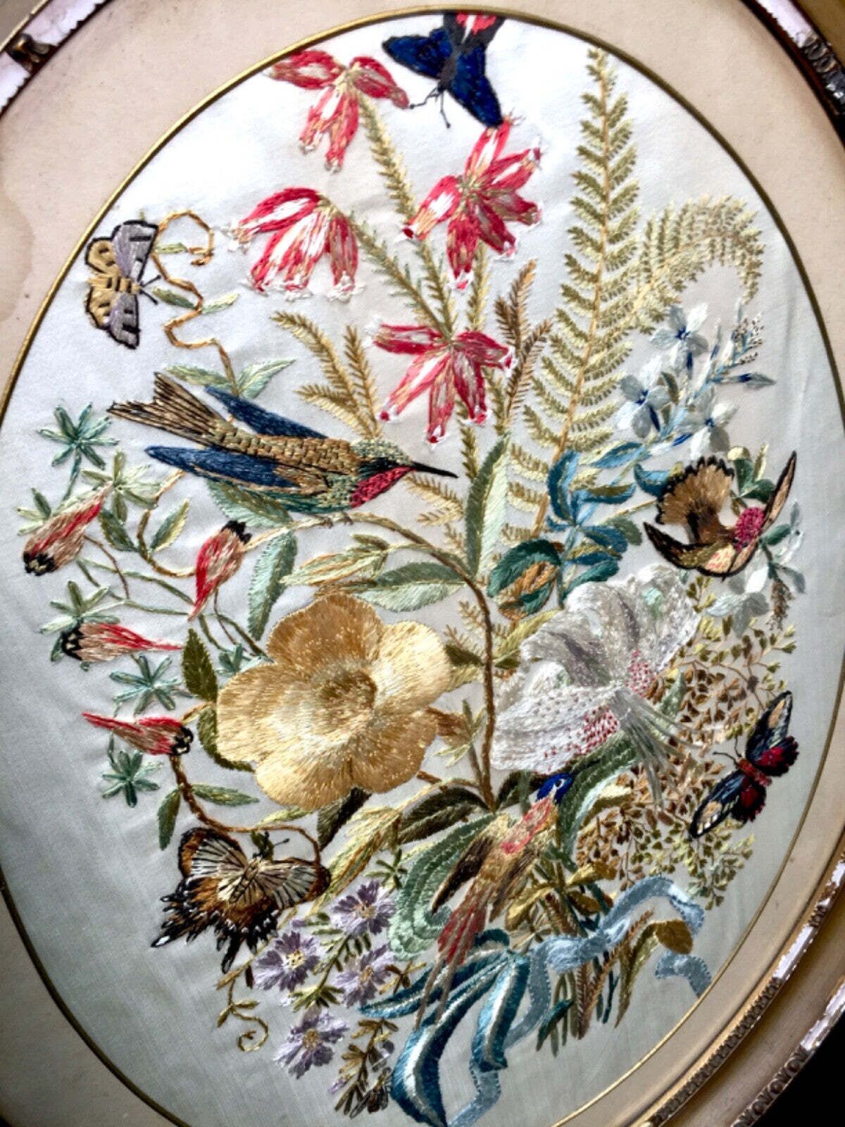 Antique Framed Silk Embroidered Picture Floral Design Wall Hanging / Vintage photo vintage