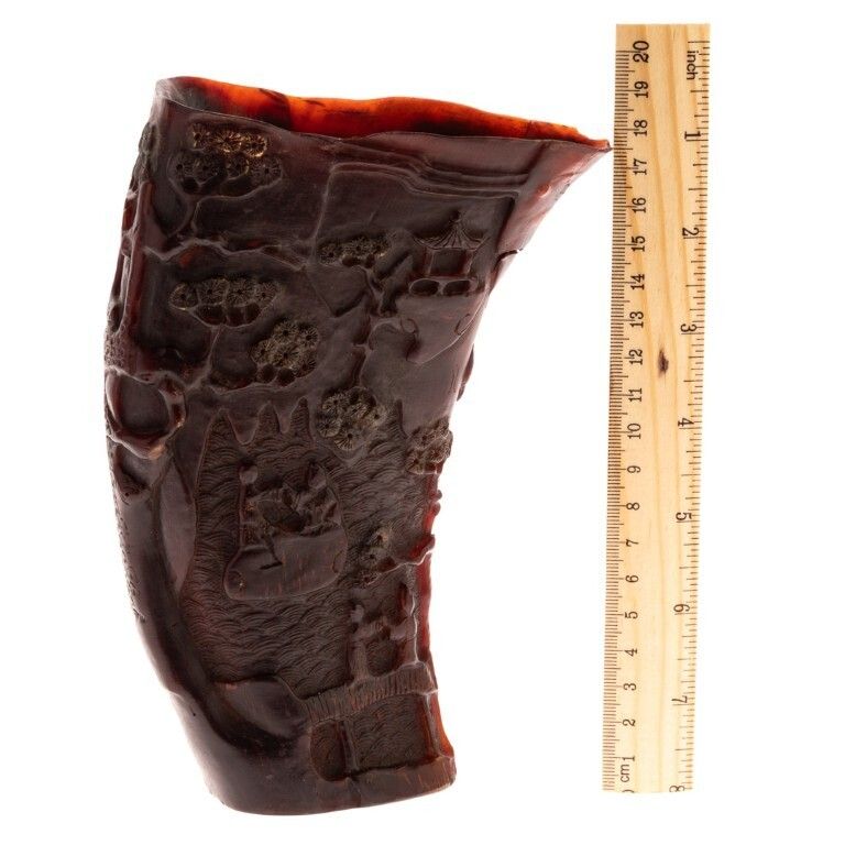 Antique Chinese Carved Landscape Buffalo Horn Libation Cup photo for sale