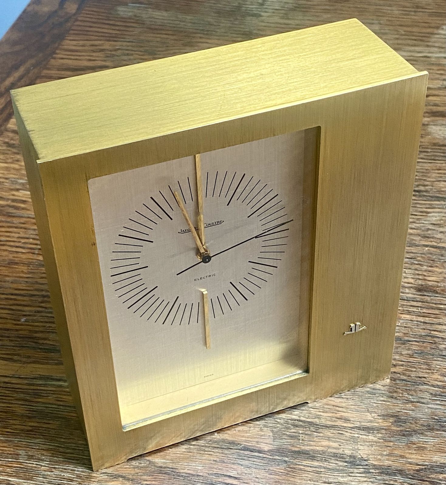 Jaeger Lecoultre 5051 Jlc Jaeger Art Deco Swiss Large Mantel Table Clock Gold Gilt Brass Reverso Polaris Master Control Jaeger Le Coultre Lic Ato 1970 photo for sale