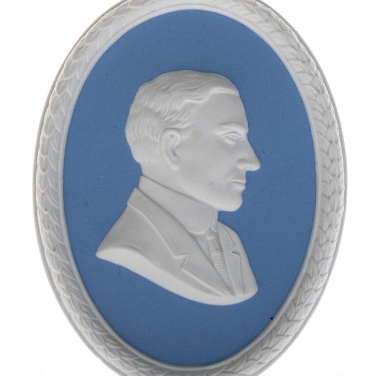 Wedgwood Blue Jasperware Ceramic Porcelain Brainerd Fischer Phillipson Portrait Medallion Laurel Leaf Plaque photo furniture