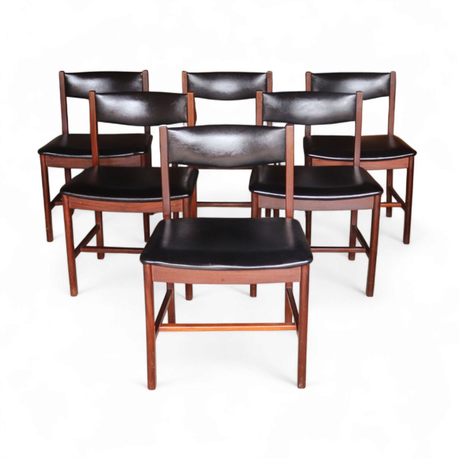 Set Of Six Mid Century Teak Archie Shine Black Leather Upholstered Dining Chairs
