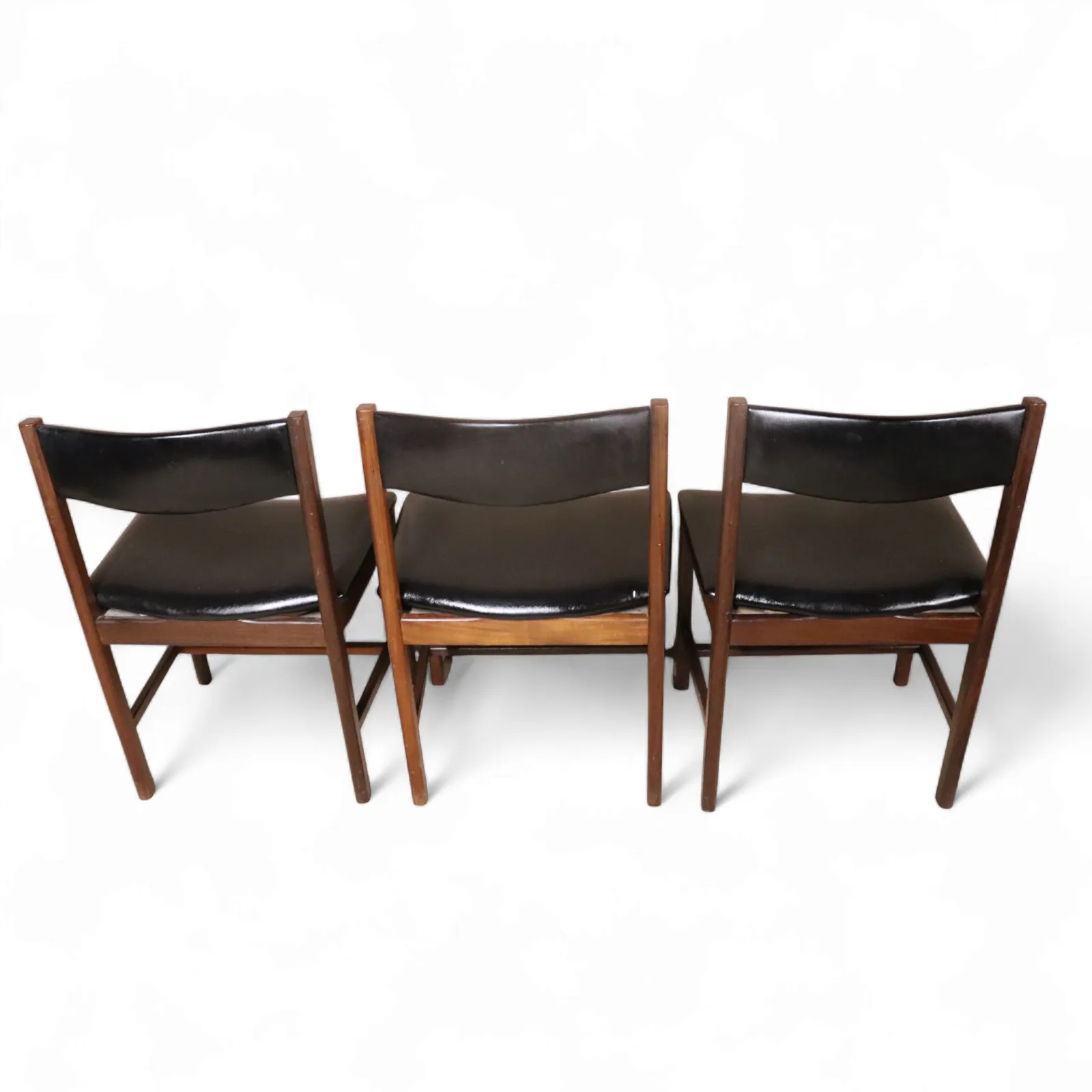 Set Of Six Mid Century Teak Archie Shine Black Leather Upholstered Dining Chairs photo vintage