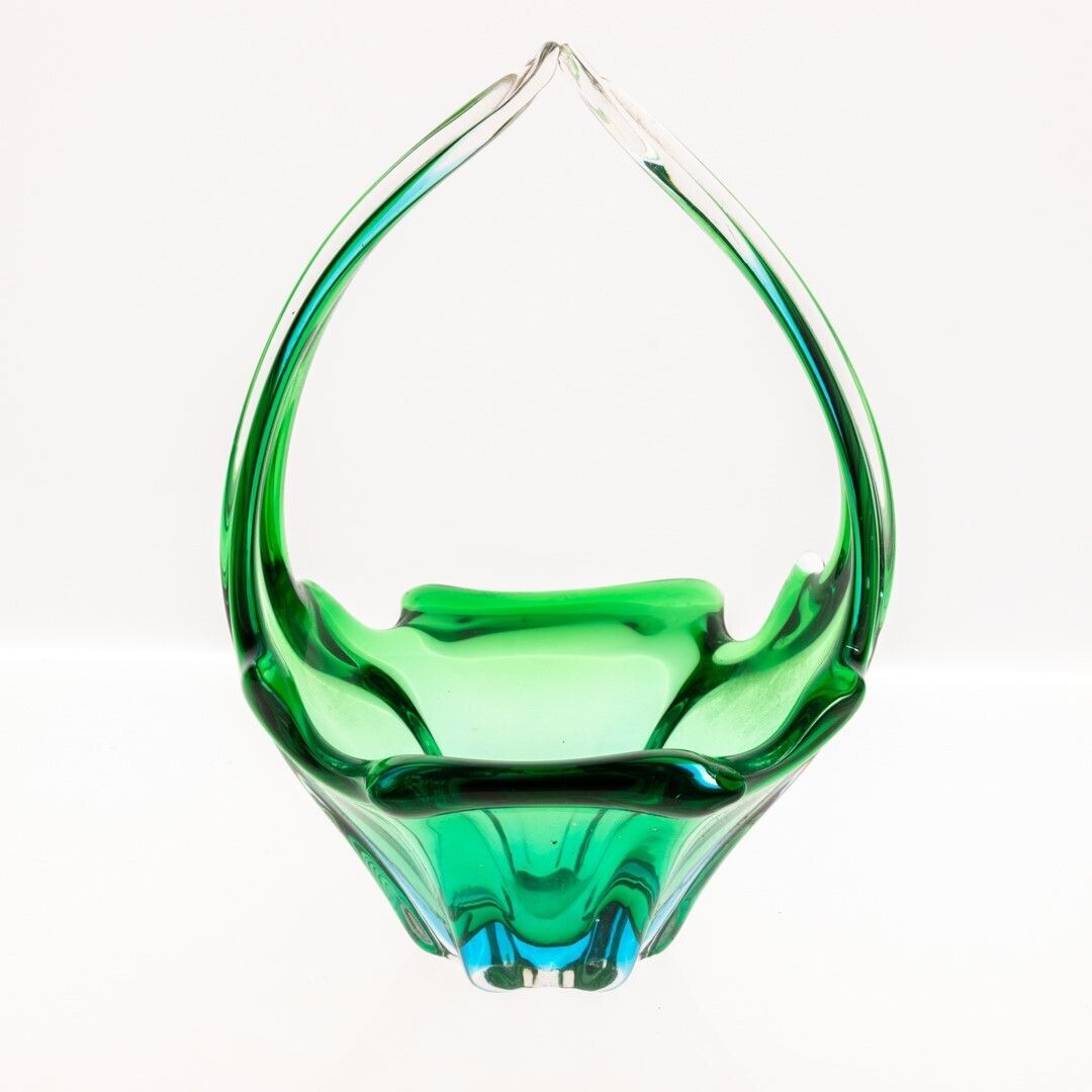 Mid Century Murano Hand Blown Emerald Green Venetian Sommerso Glass Basket