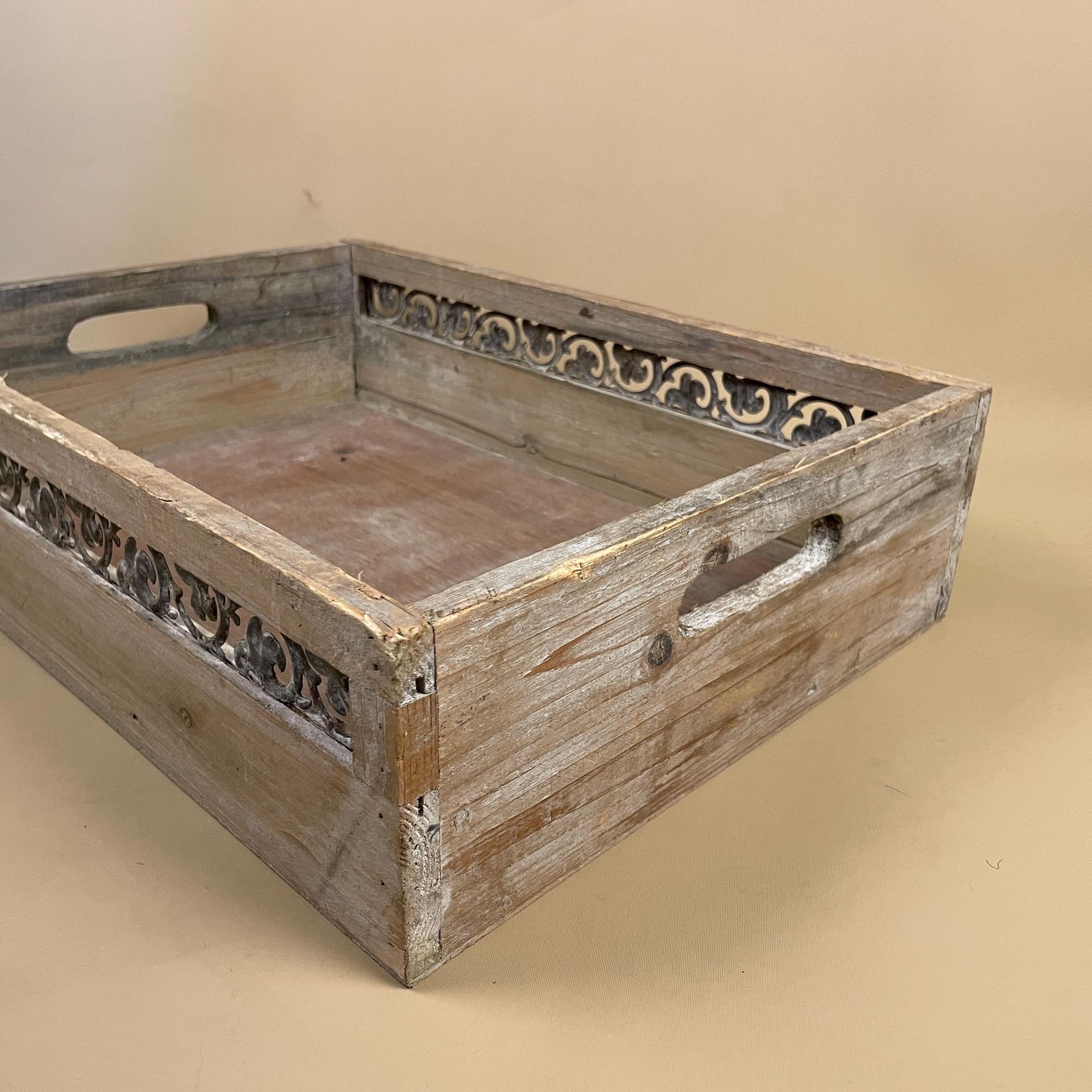 Vintage Wooden Display Tray Rectangle Metal Inlay Pattern Around Edge Handmade Tea Coffee Serving Tray Under Bed Storage Tray photo vintage