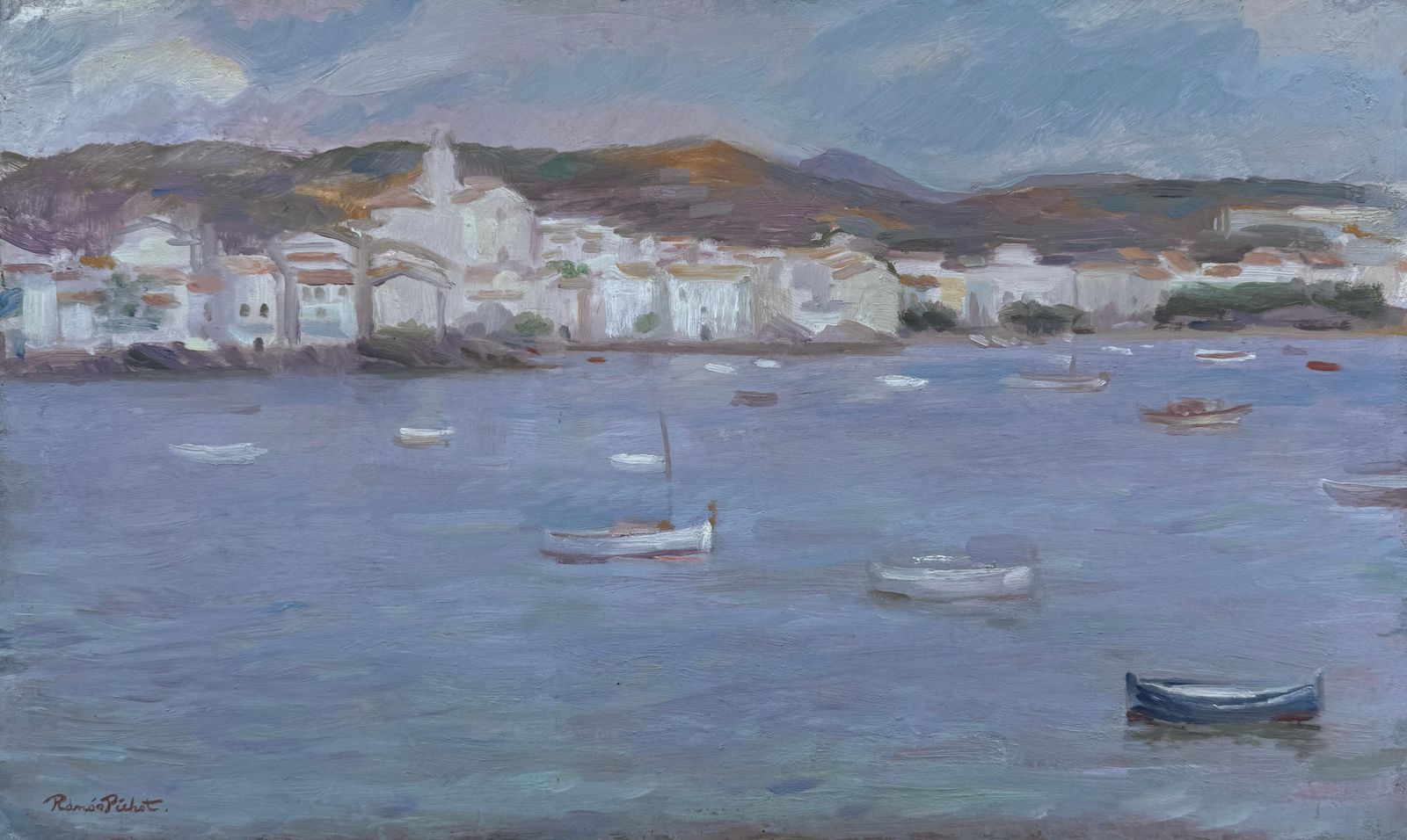 Ramon Pichot I Soler Cadaqués From The Bay Oil On Board Painting Spanish Mediterranean Seascape C.1980