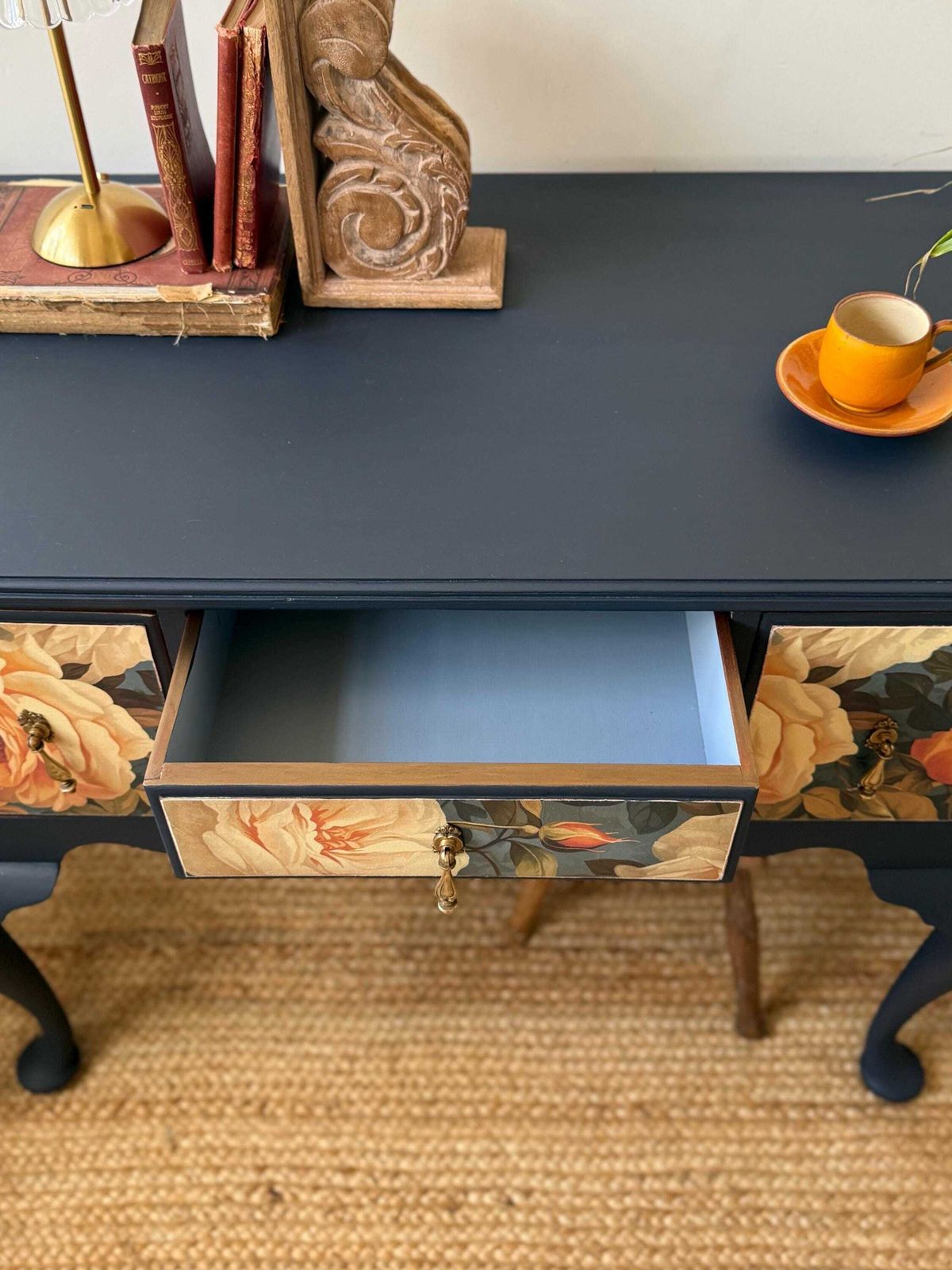 photo furniture Vintage Lowboy Console Table Painted Navy Blue With Floral Detail