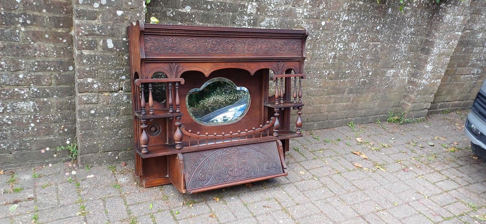 Victorian Mahogany Mirror Shelf Top | Ornate Carved American Organ Pediment Antique Sideboard Back Gothic Revival C.1880s photo furniture