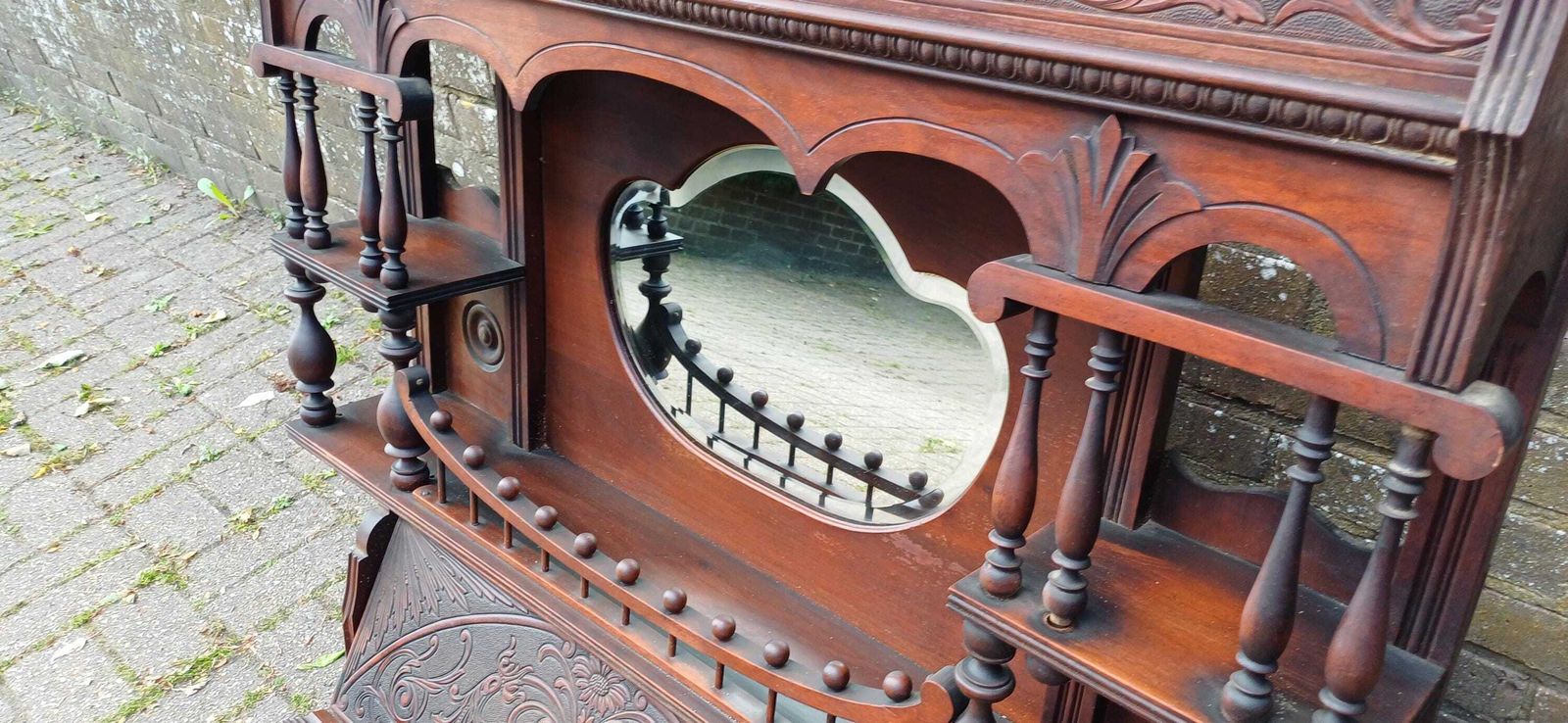 photo furniture Victorian Mahogany Mirror Shelf Top | Ornate Carved American Organ Pediment Antique Sideboard Back Gothic Revival C.1880s