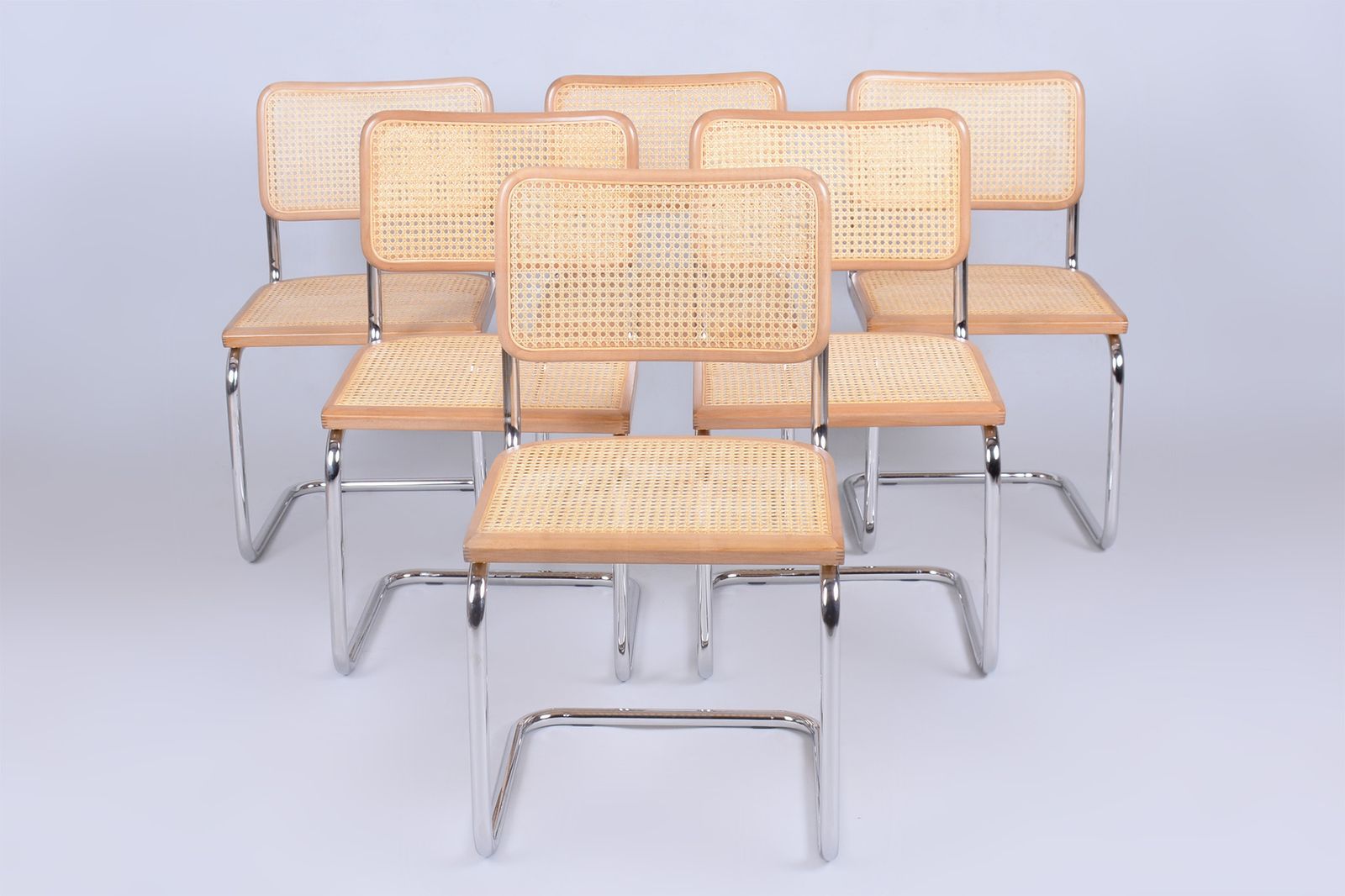 Set Of Six Restored Bauhaus Cesca Chairs, By M. Breuer, Chrome, Italy, 1980s