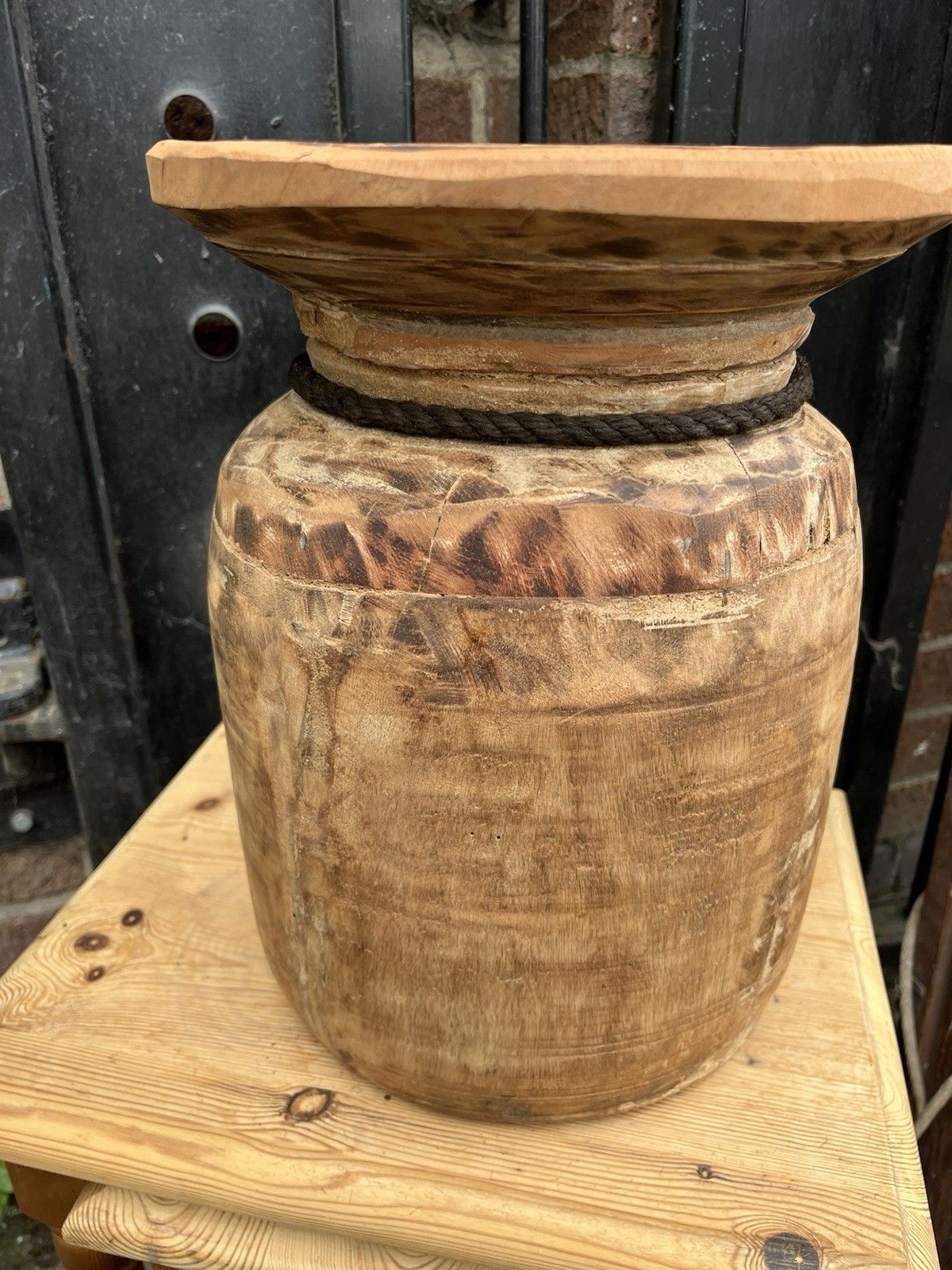 Large Rustic Wooden Farmhouse Indian Asian Himachal Pot  Vase Jug Centrepiece photo buy