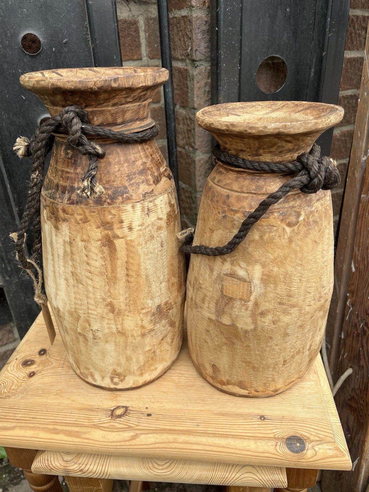 Pair Of Rustic Wooden Farmhouse Indian Asian Himachal Pot  Vase Jug Centrepiece photo for sale