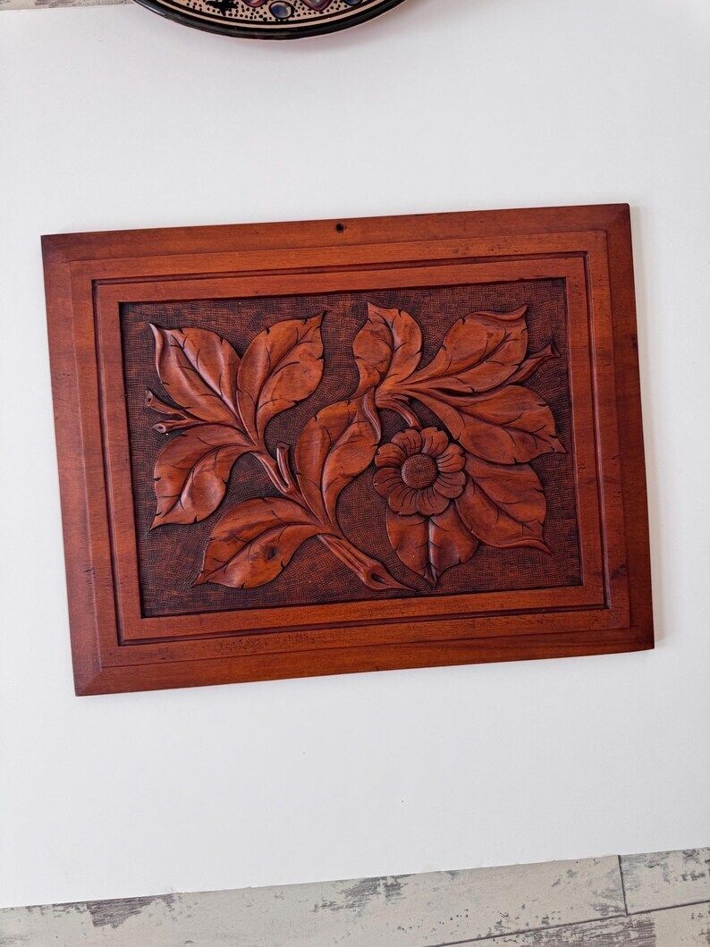 Arts And Crafts Wooden Panel, Hand Carved Floral Wooden Panel, Wall Decor photo buy