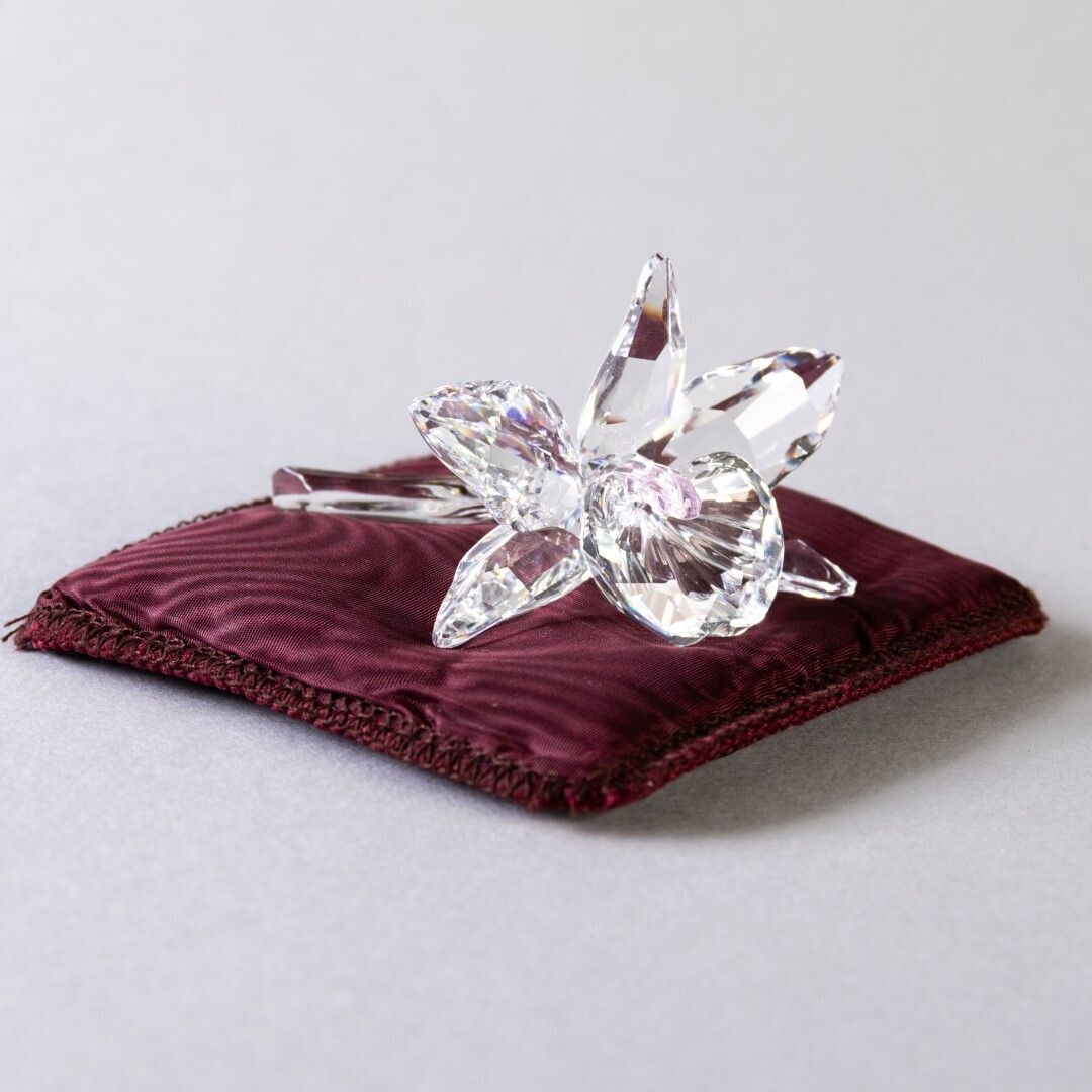 Swarovski Crystal Glass Pink Orchid Flower Sculpture On Purple Cushion