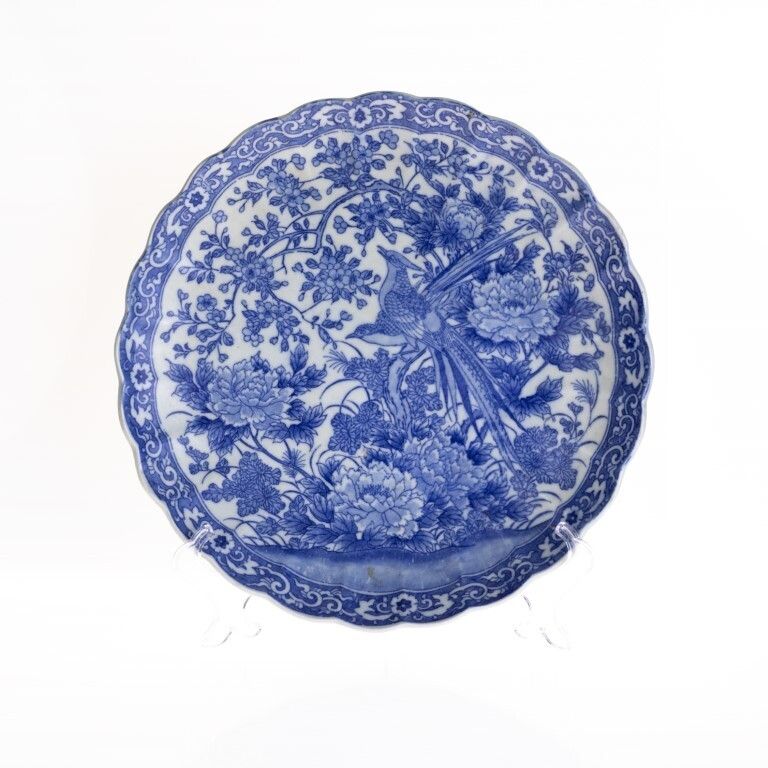 Antique Chinese Blue White Transferware Scalloped Porcelain Plate With Exotic Birds Qing Dynasty