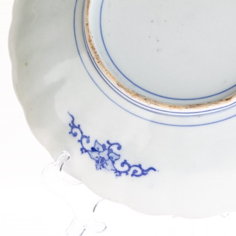 Antique Chinese Blue White Transferware Scalloped Porcelain Plate With Exotic Birds Qing Dynasty photo vinterior