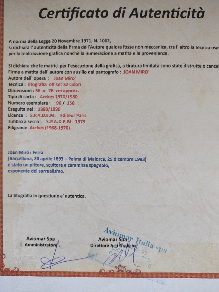 Joan Miró Signed The Tilled Field, 1924 Certificate photo Art