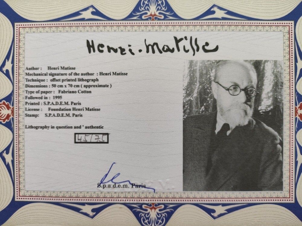 Henri Matisse Signed Blue Nude Certificate Spadem Paris photo furniture