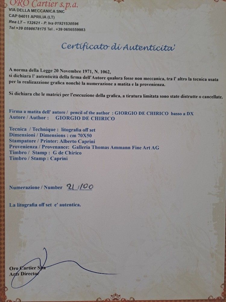 Giorgio De Chirico Signed Iliad, Vestals And Warriors At Rest Certificate photo vintage