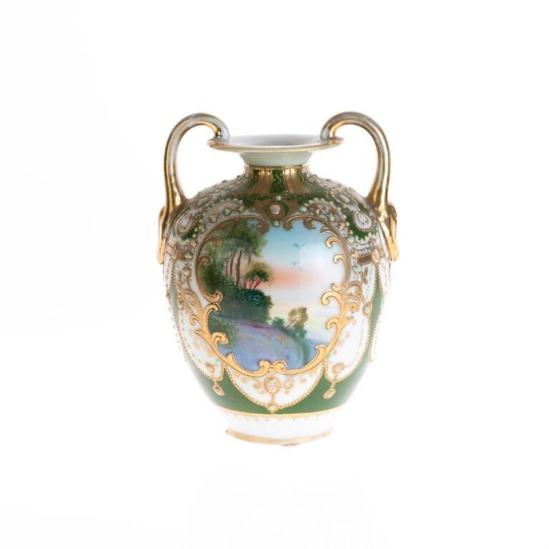Antique Art Nouveau Noritake Gilt Japanese Hand Enameled Porcelain Vase