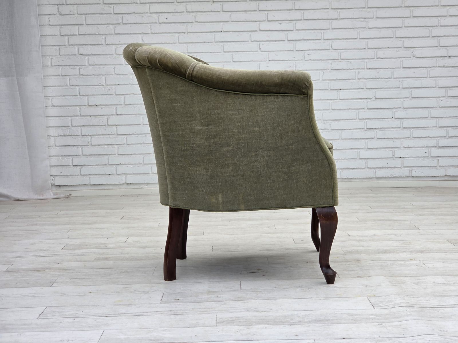 1960s, Danish Armchair, Green Furniture Velour, Beech Wood Legs. photo vinterior