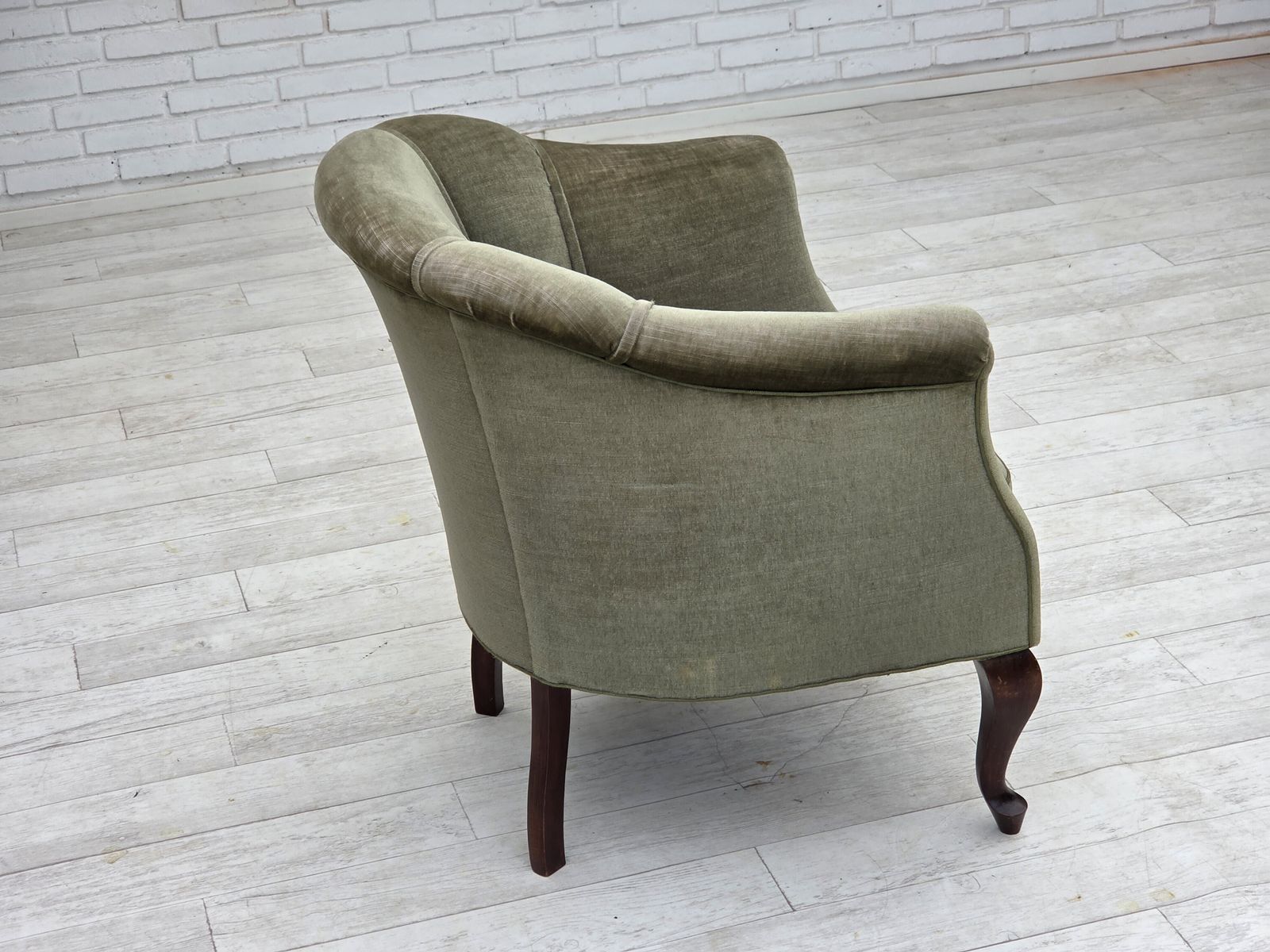 1960s, Danish Armchair, Green Furniture Velour, Beech Wood Legs. photo vintage