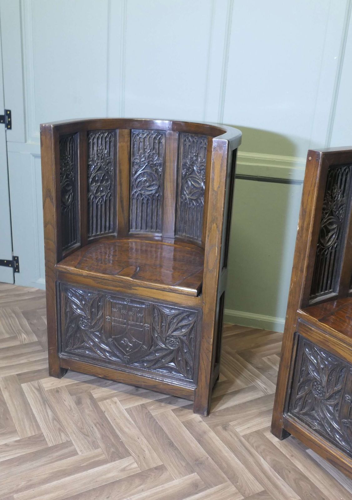 Arts And Crafts Carved Barrel Back Hall Or Library Chairs photo vinterior