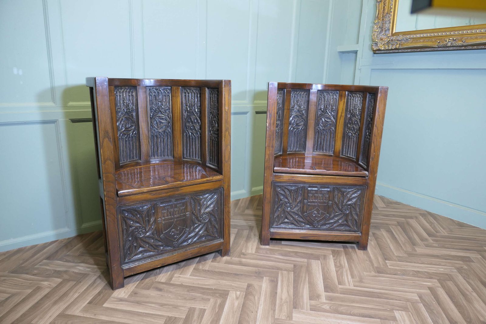 Arts And Crafts Carved Barrel Back Hall Or Library Chairs photo buy