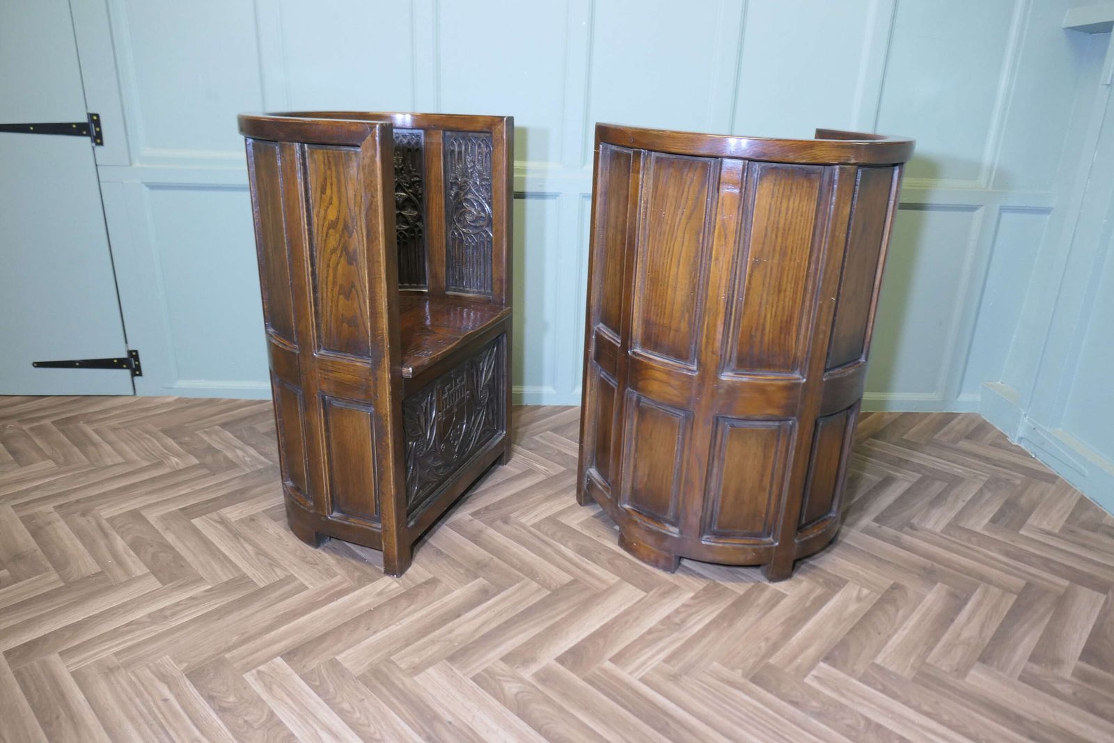 photo for sale Arts And Crafts Carved Barrel Back Hall Or Library Chairs