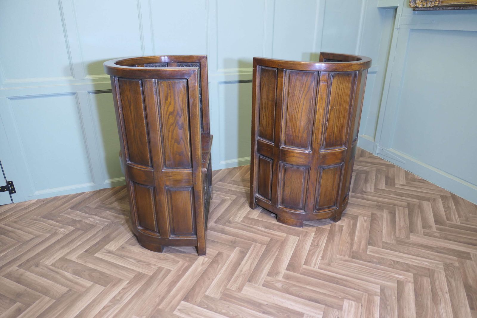 1860.0 Arts And Crafts Carved Barrel Back Hall Or Library Chairs photo