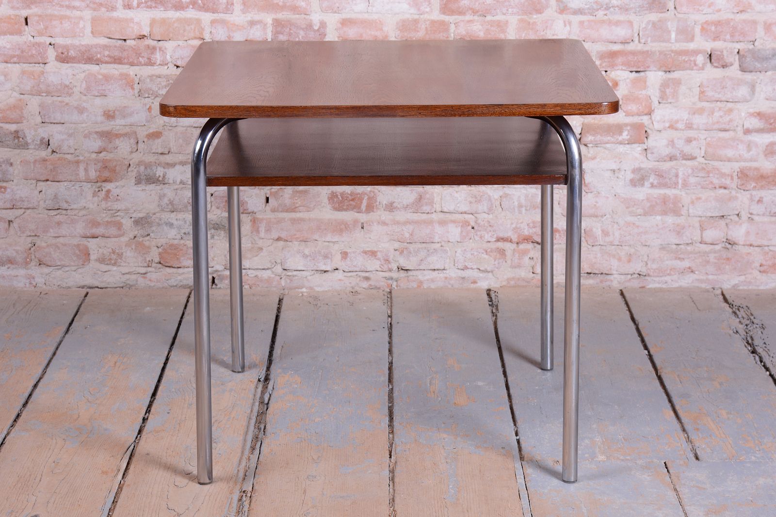 Restored Bauhaus Table, By Vichr A Spol., Oak, Chrome, Polished, Czech, 1940s photo for sale