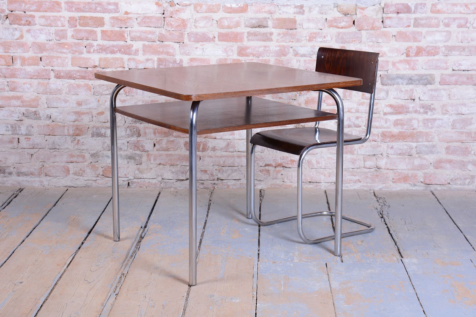 Restored Bauhaus Table, By Vichr A Spol., Oak, Chrome, Polished, Czech, 1940s photo 650.0