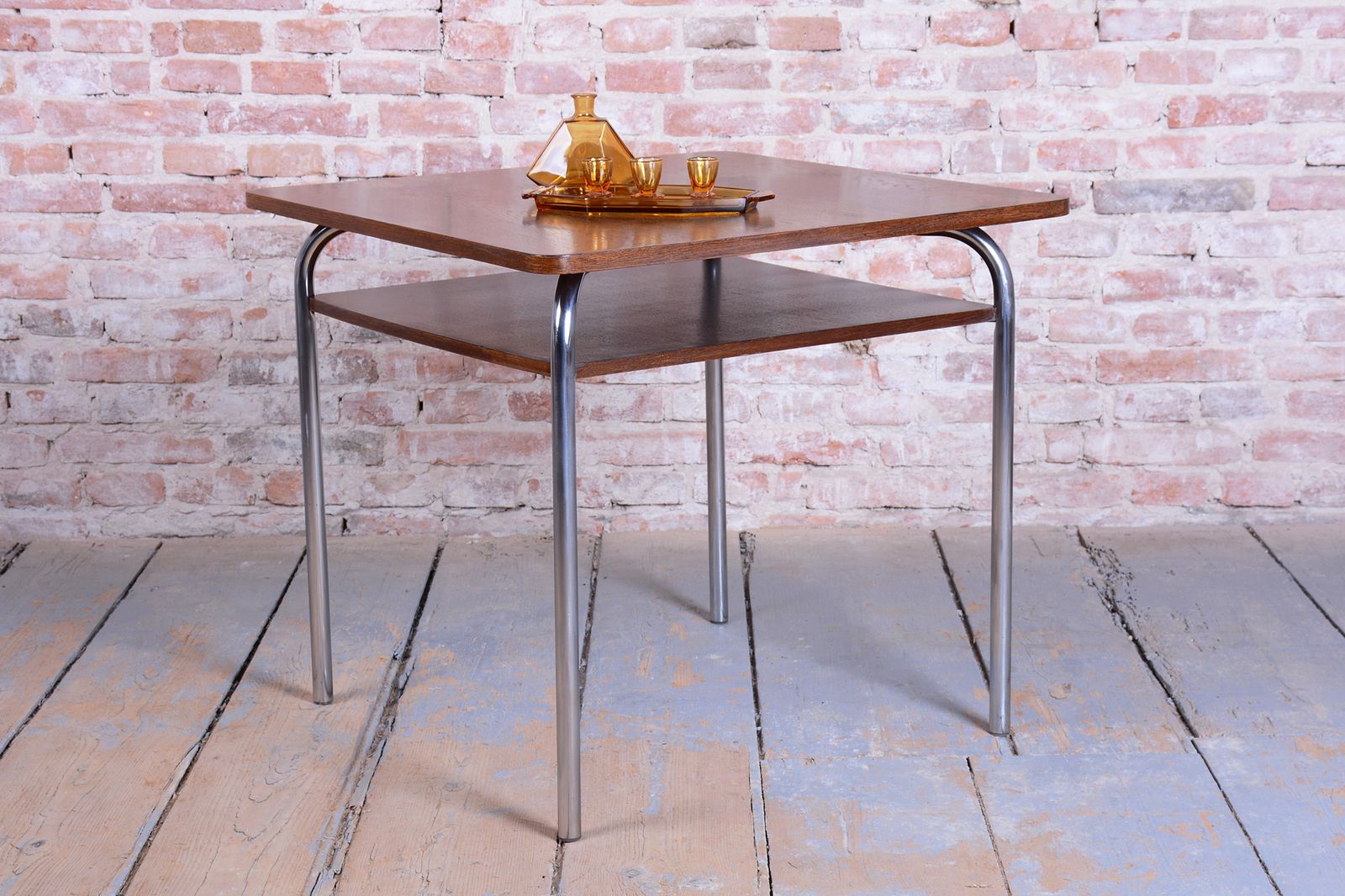 Restored Bauhaus Table, By Vichr A Spol., Oak, Chrome, Polished, Czech, 1940s photo vinterior