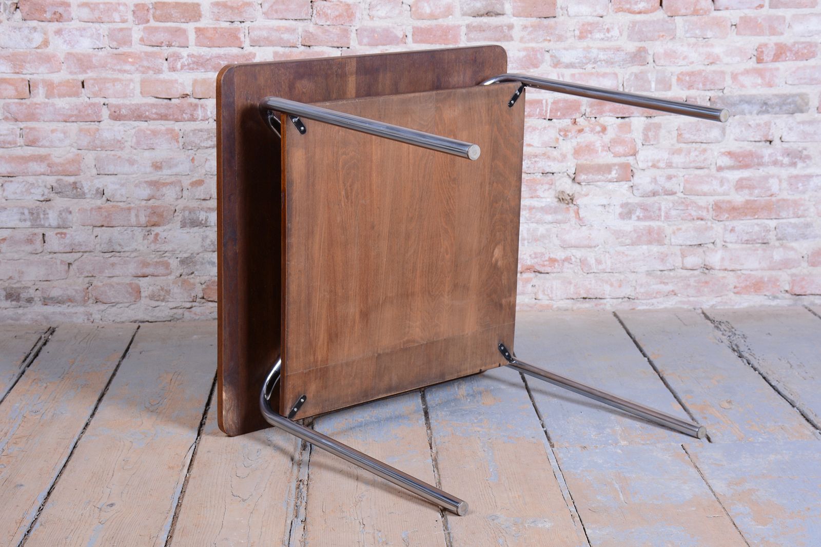 photo furniture Restored Bauhaus Table, By Vichr A Spol., Oak, Chrome, Polished, Czech, 1940s
