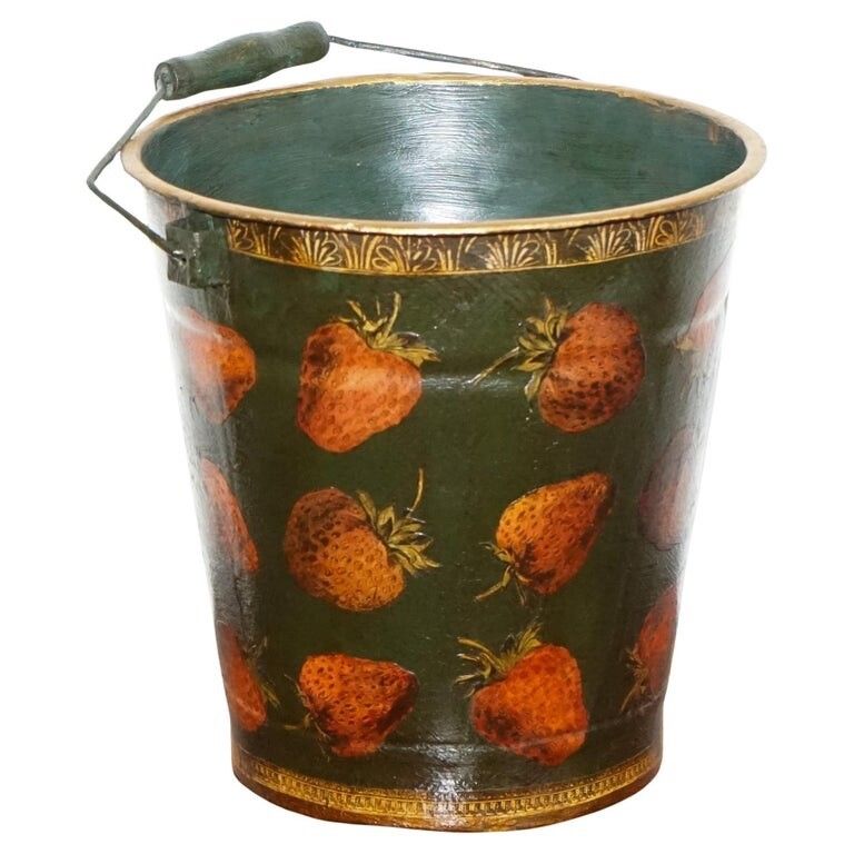 Vintage Metal Traditional Decoupage Bin Or Planter Bucket Strawberry Decorations