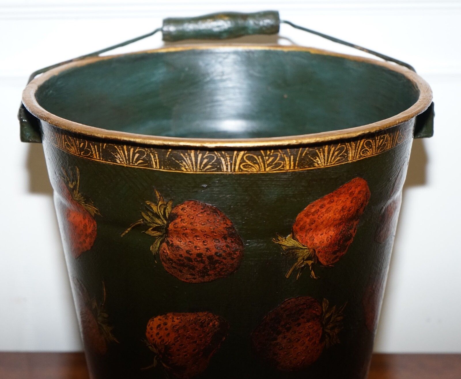 Vintage Metal Traditional Decoupage Bin Or Planter Bucket Strawberry Decorations photo vinterior