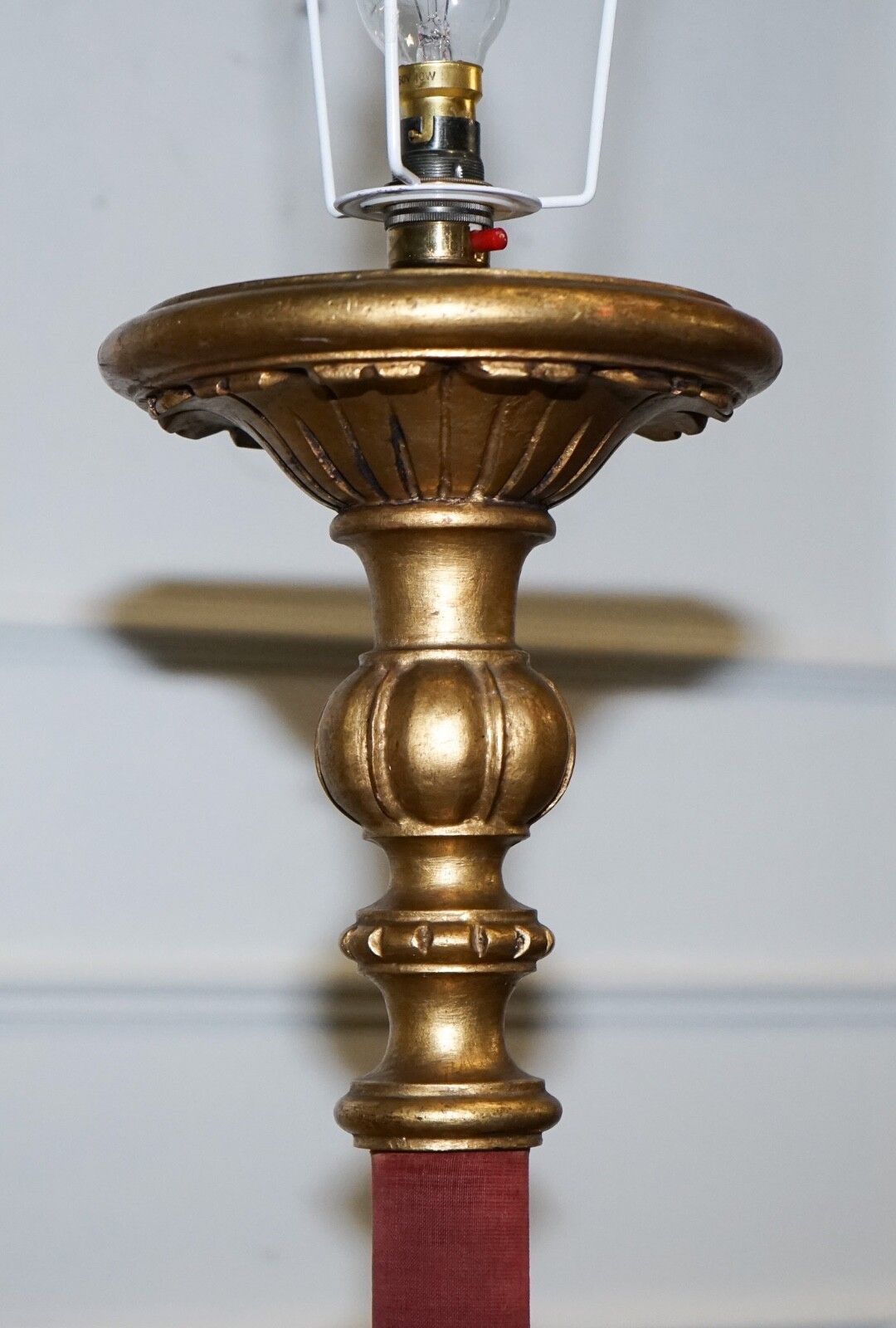 Lighting Circa 1940 Italian Red Fabric And Gilt Floor Standing Lamp With Original Shade photo