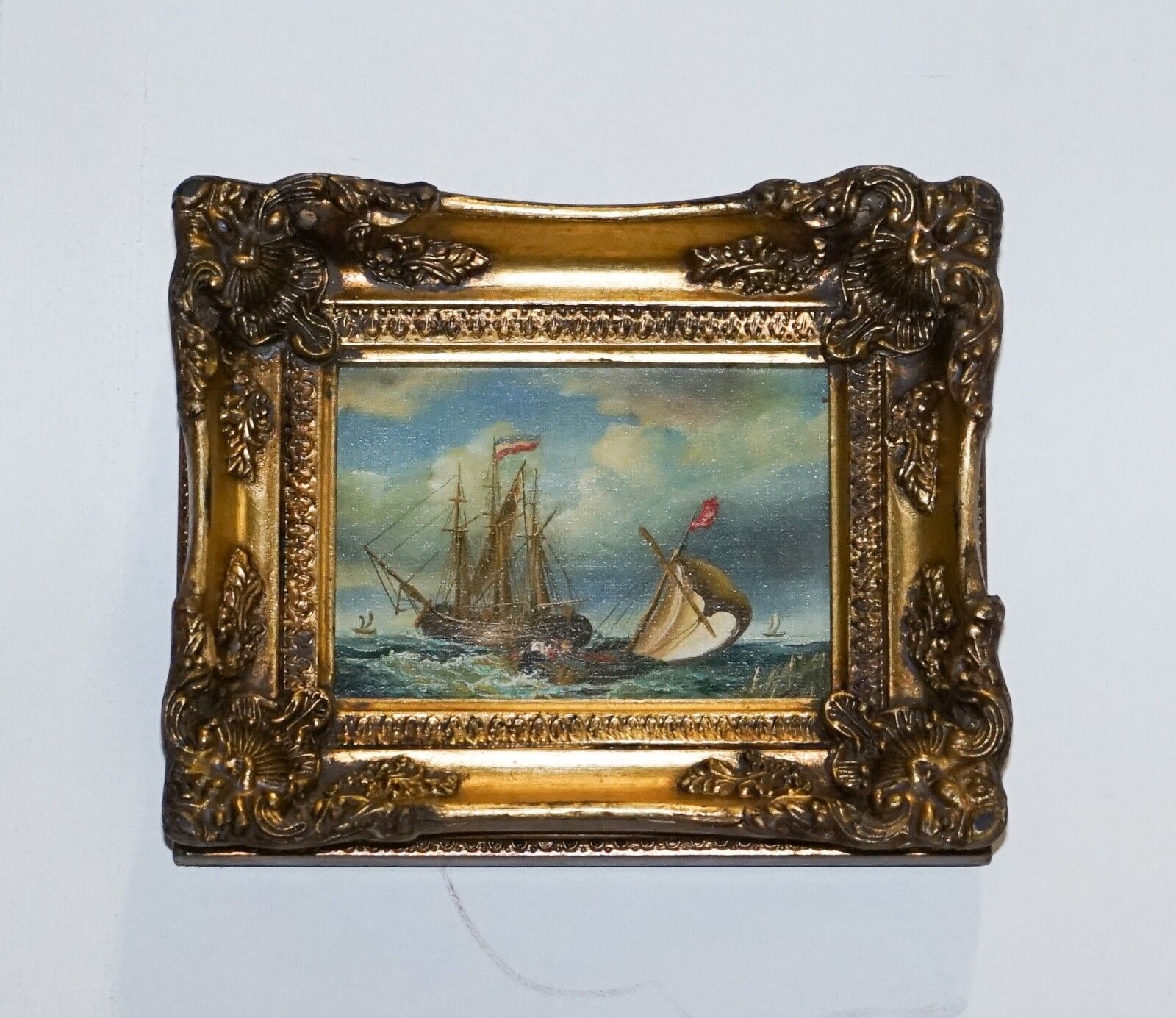 Fine Antique Early 20th Century Oil Painting Of French Ship Giltwood Frame photo furniture