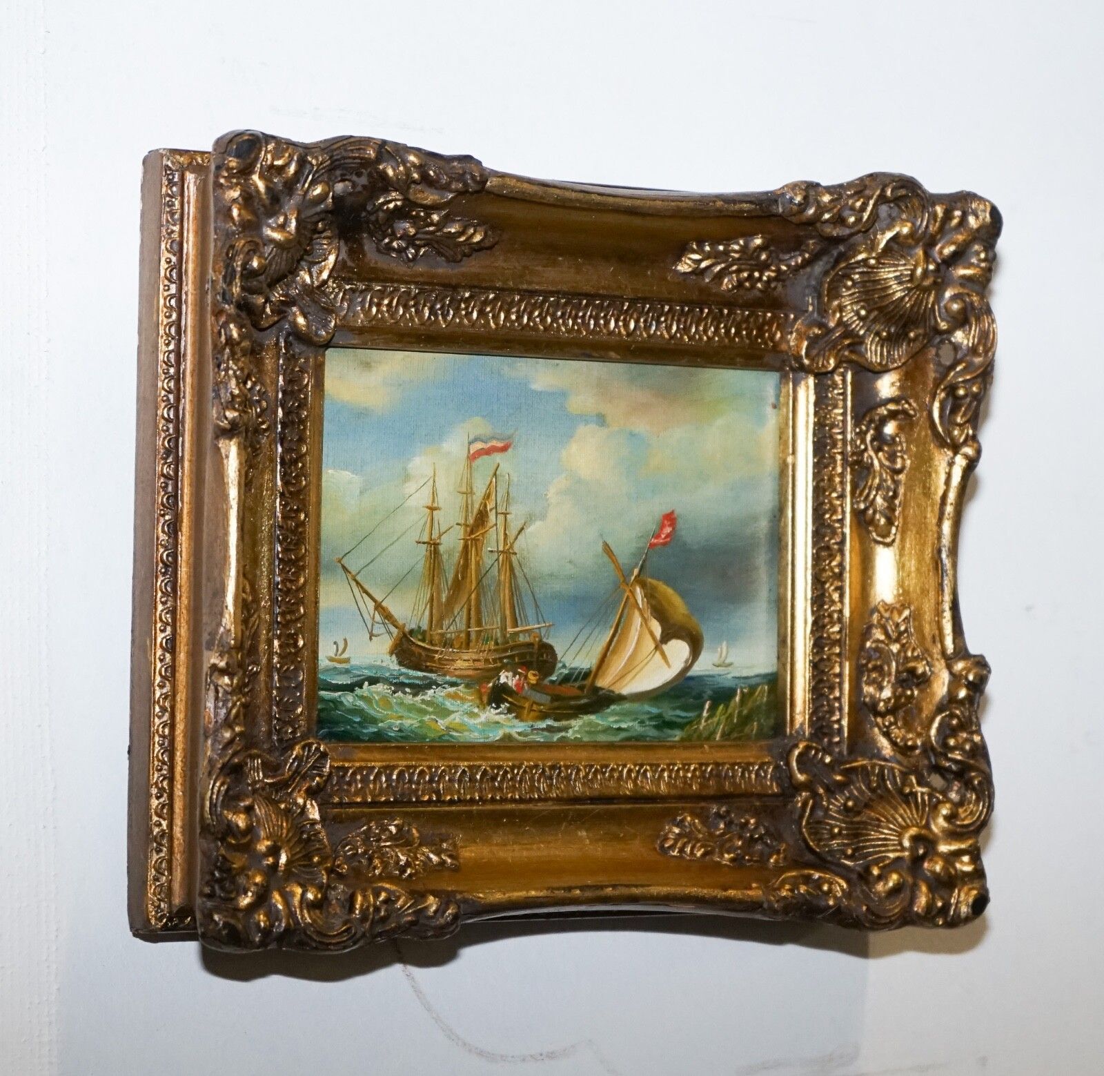 Fine Antique Early 20th Century Oil Painting Of French Ship Giltwood Frame photo for sale